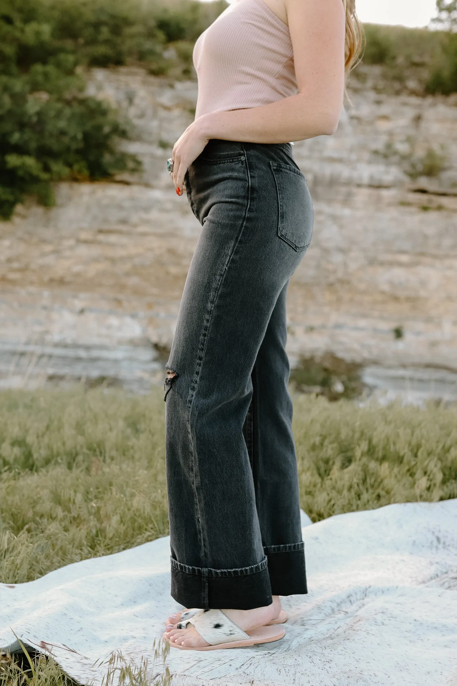 Black Distressed Wide-Leg Jeans