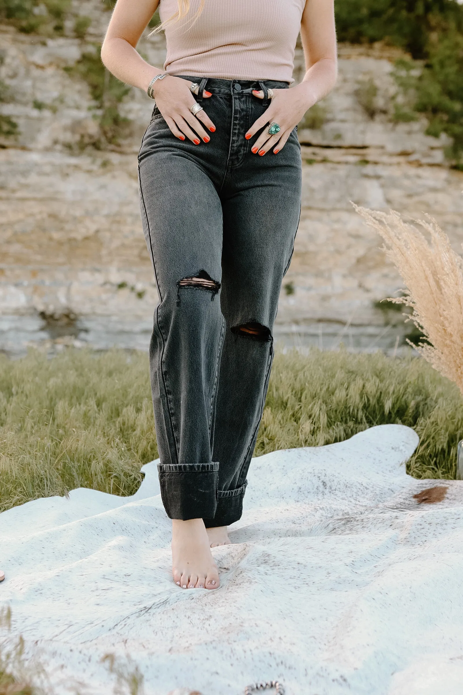 Black Distressed Wide-Leg Jeans
