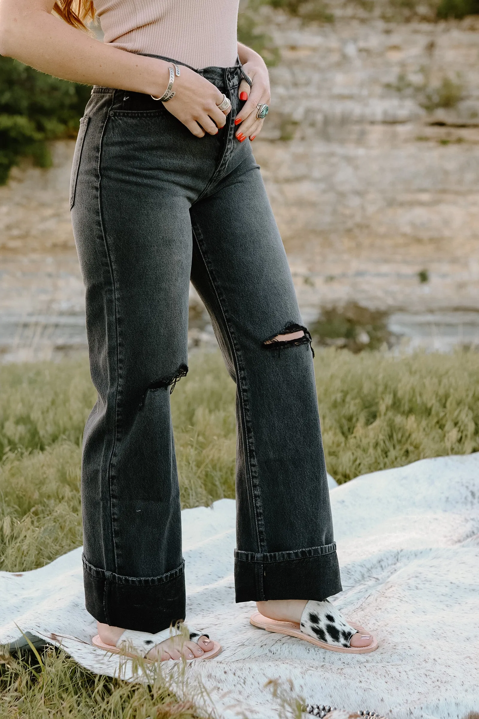 Black Distressed Wide-Leg Jeans