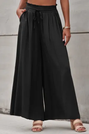 Black Drawstring Smocked High Waist Wide Leg Pants