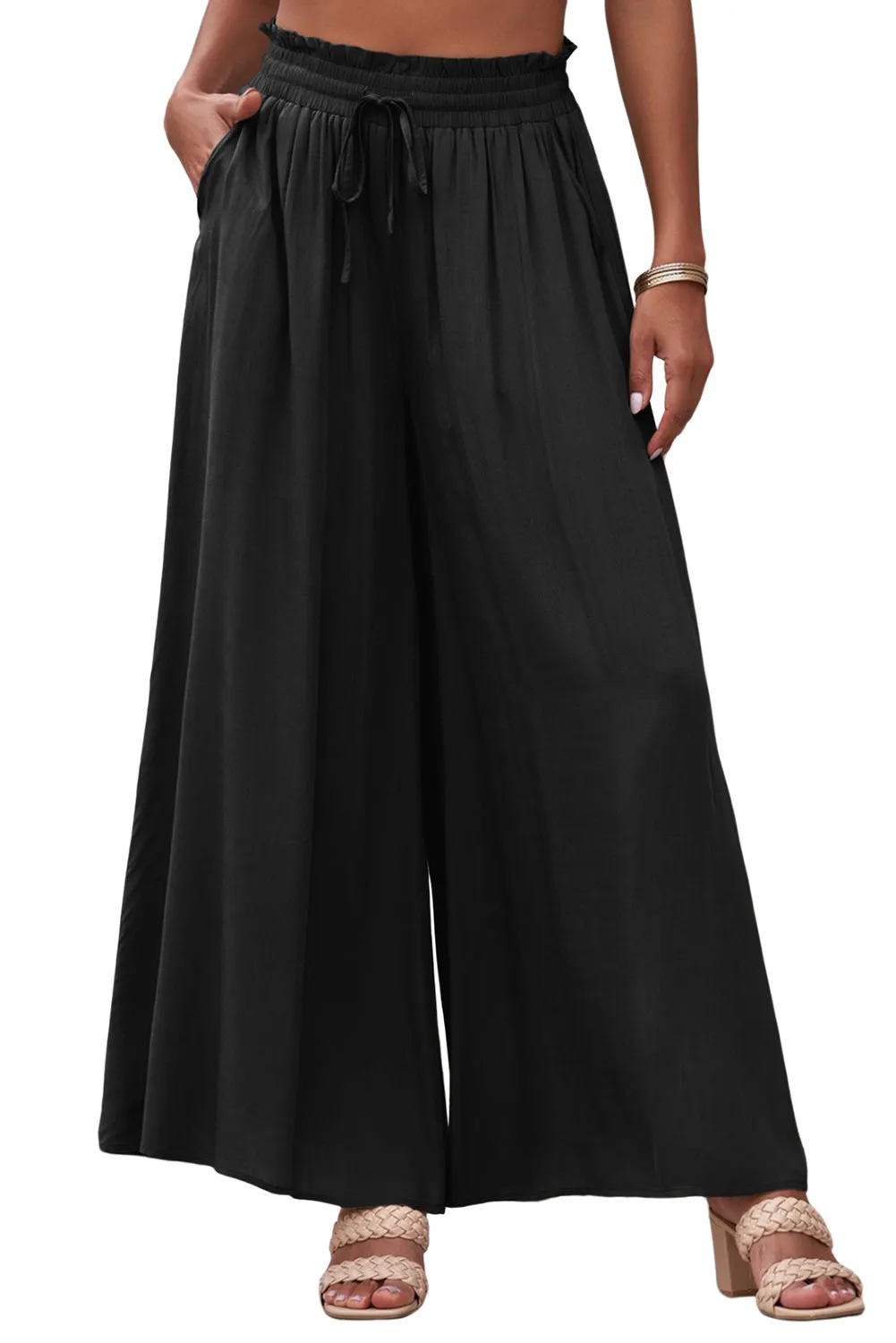 Black Drawstring Smocked High Waist Wide Leg Pants