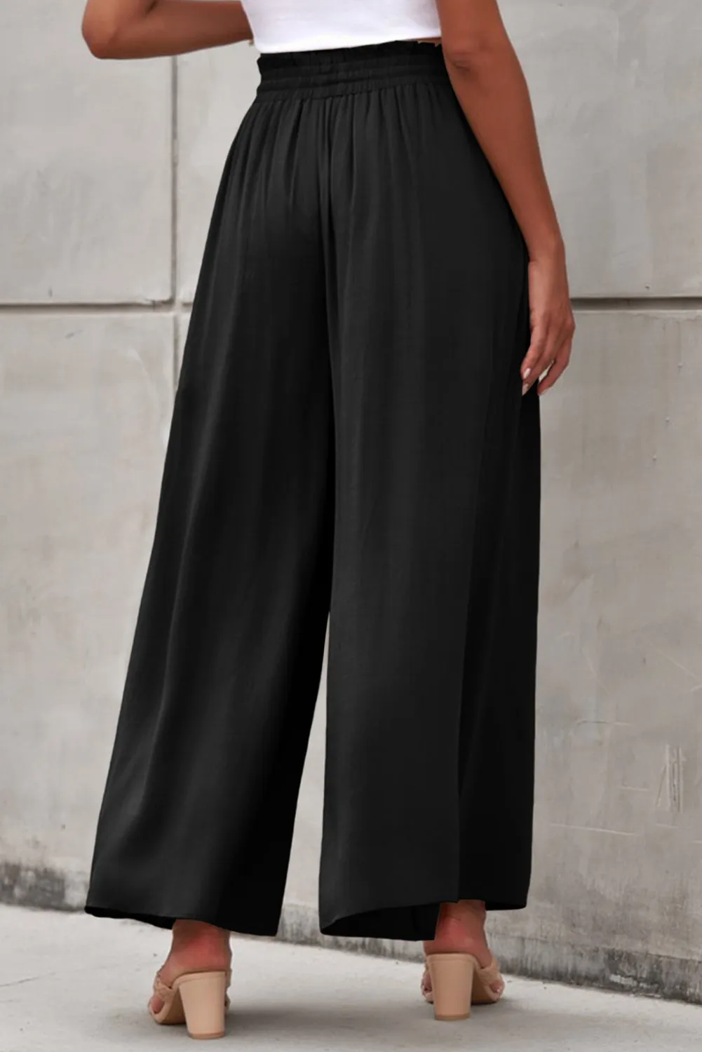 Black Drawstring Smocked High Waist Wide Leg Pants