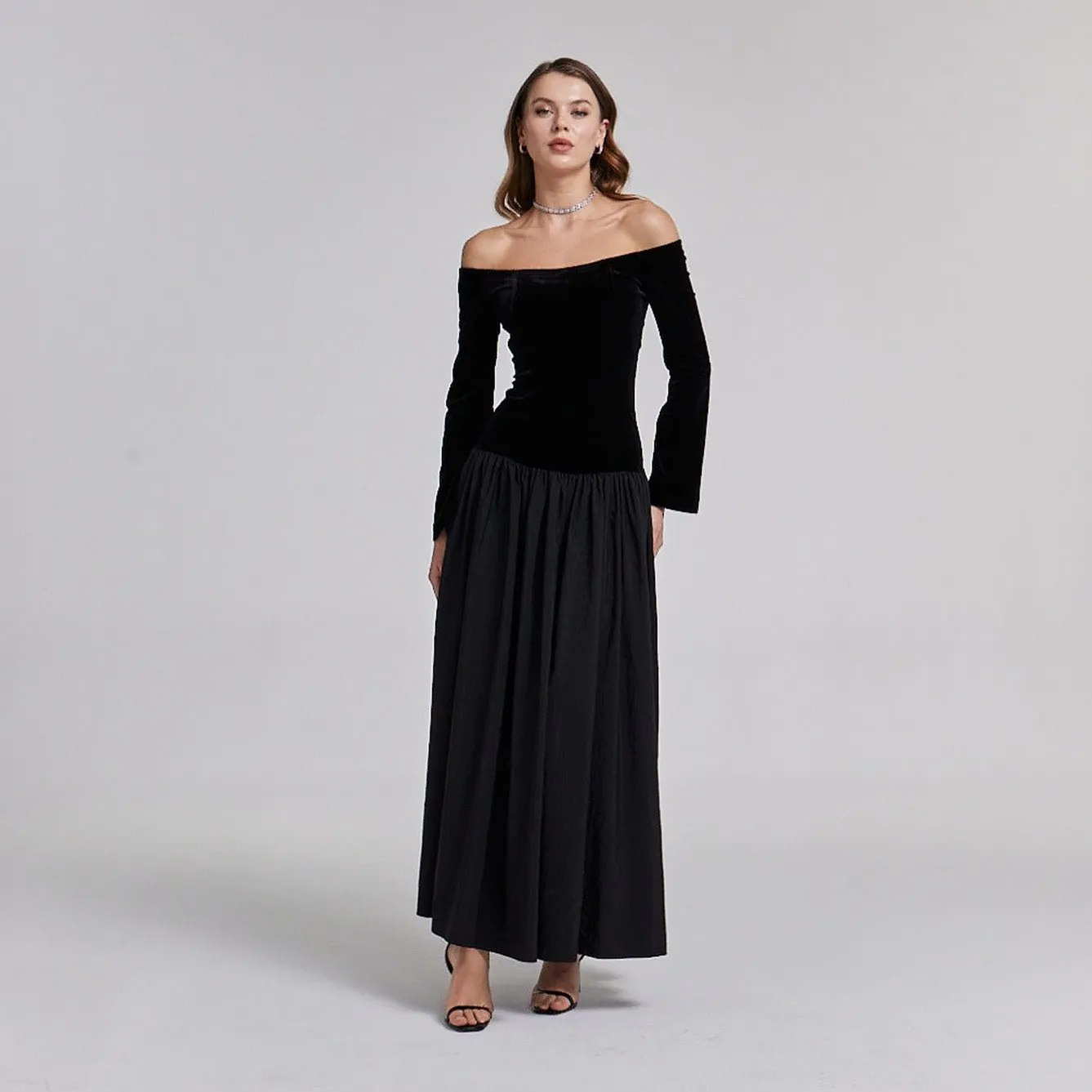 Black Velvet-Taffeta Off Shoulder A-line Dress