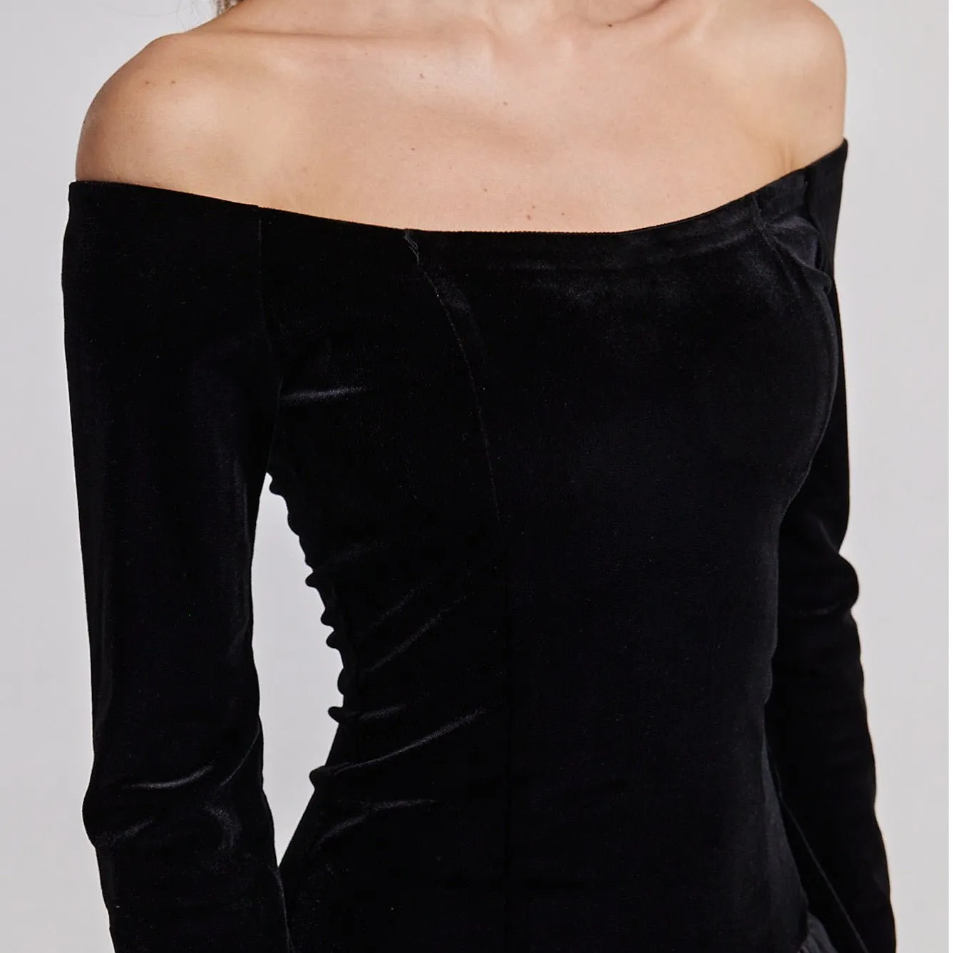 Black Velvet-Taffeta Off Shoulder A-line Dress