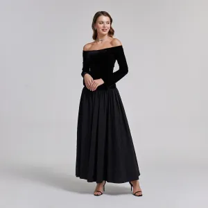 Black Velvet-Taffeta Off Shoulder A-line Dress