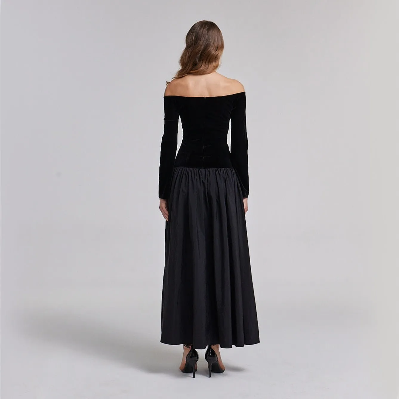 Black Velvet-Taffeta Off Shoulder A-line Dress