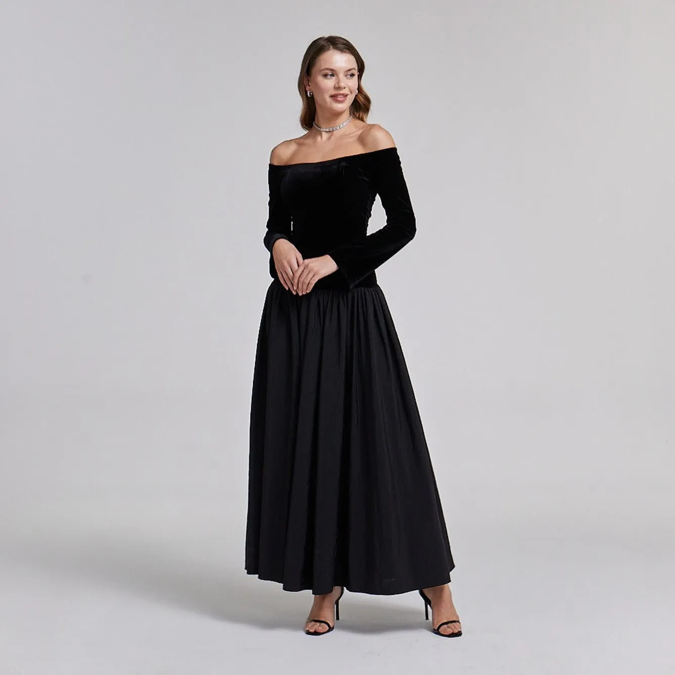 Black Velvet-Taffeta Off Shoulder A-line Dress