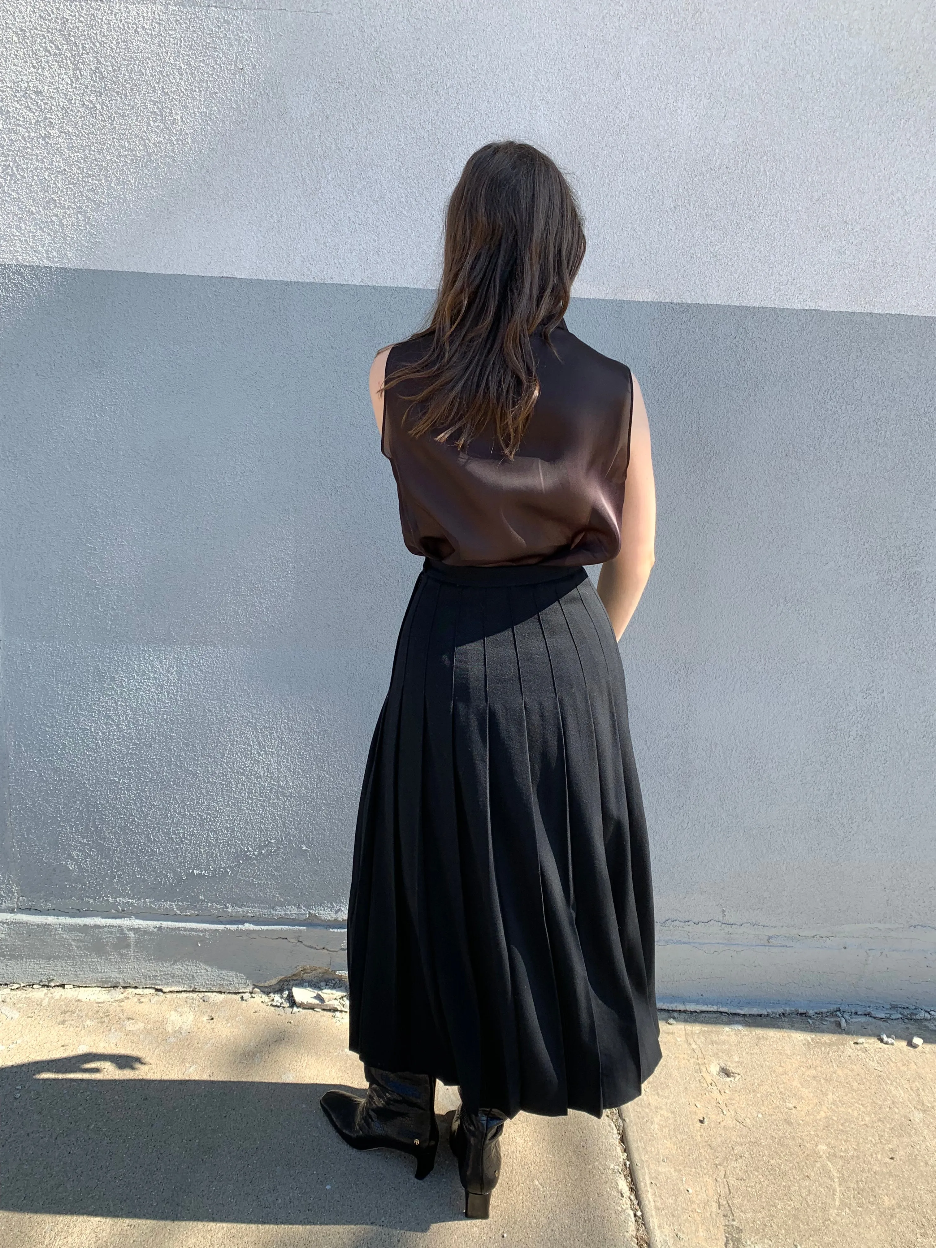black vintage pleated wool skirt