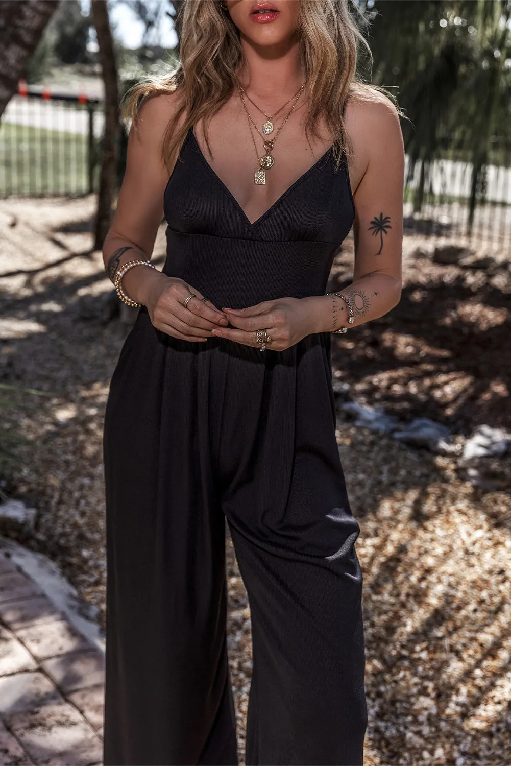 Black Wide Leg High Waist Sexy Wrapped Cami Jumpsuit