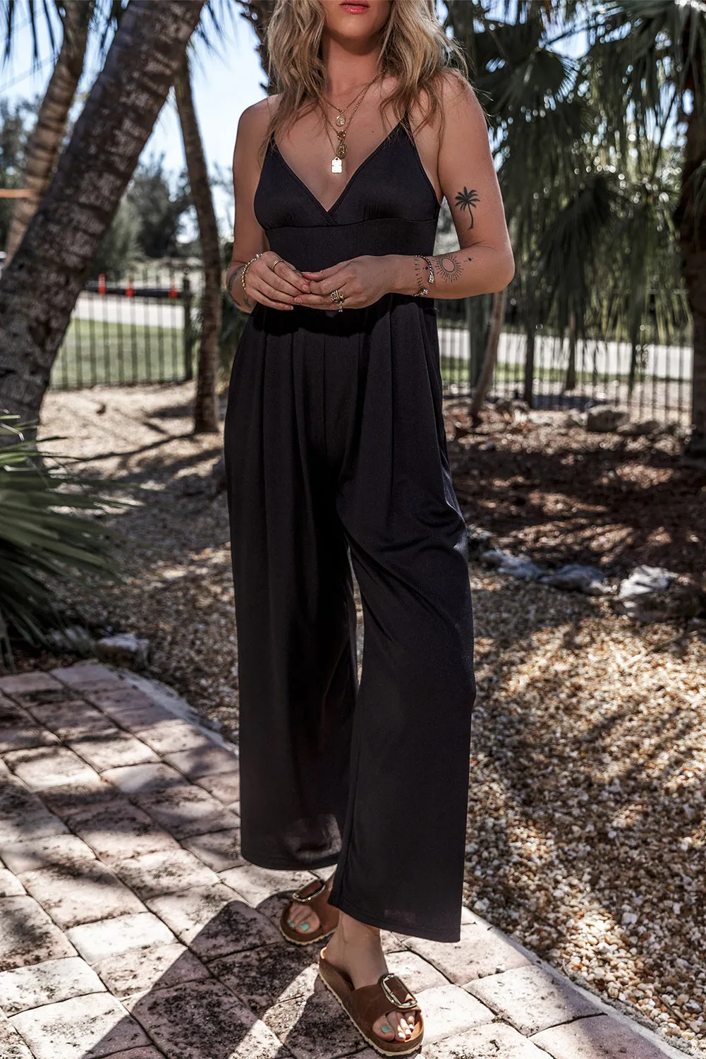 Black Wide Leg High Waist Sexy Wrapped Cami Jumpsuit