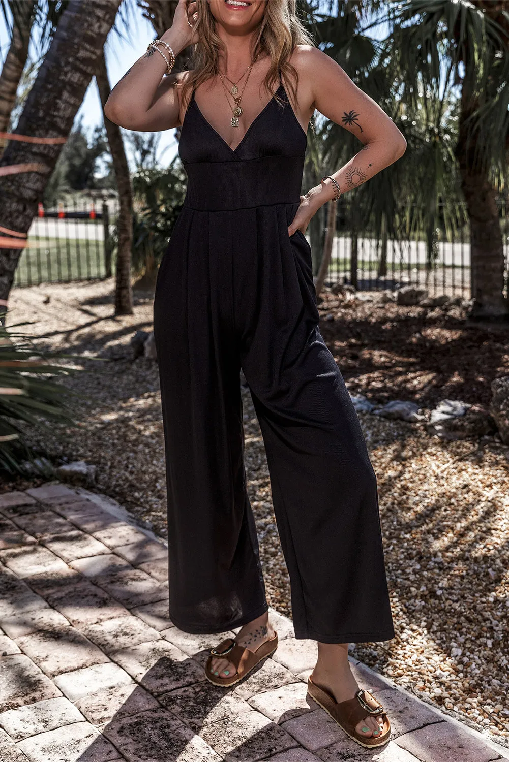 Black Wide Leg High Waist Sexy Wrapped Cami Jumpsuit