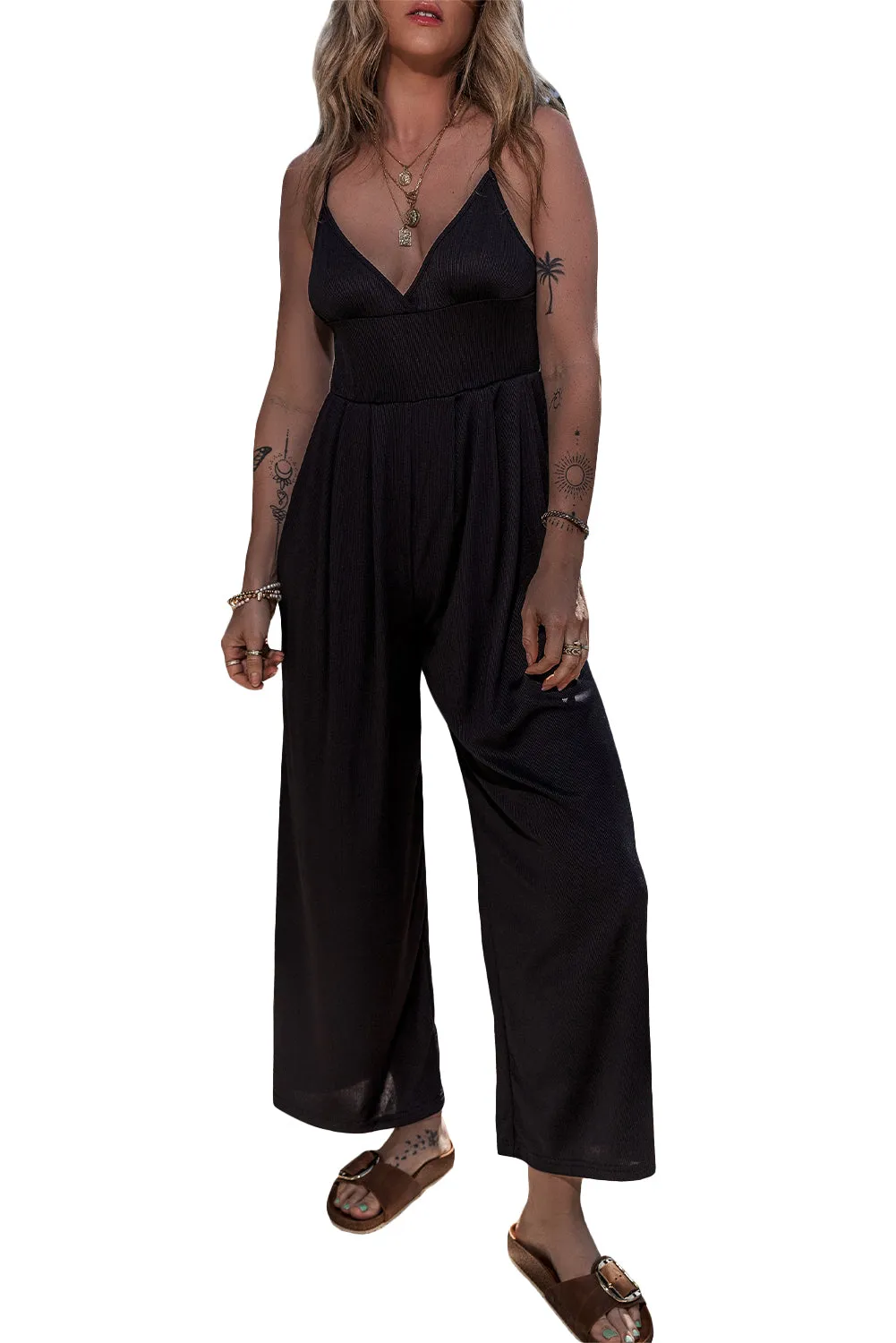 Black Wide Leg High Waist Sexy Wrapped Cami Jumpsuit