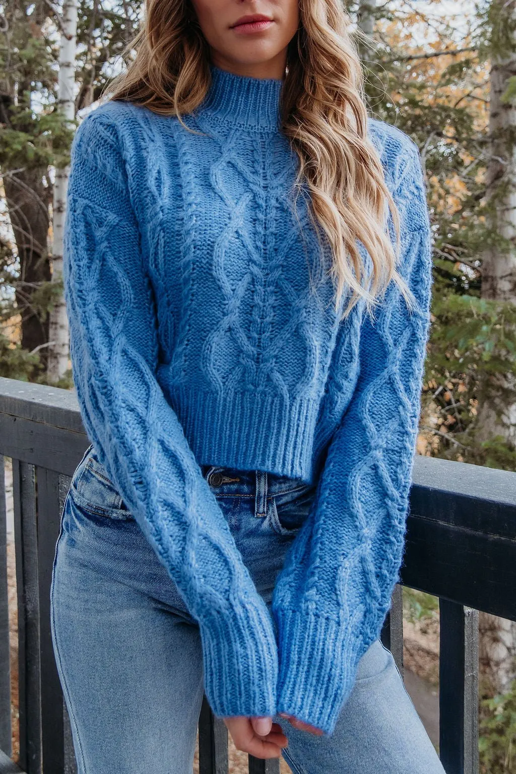 Blue Cable Knit Mock Neck Sweater - FINAL SALE