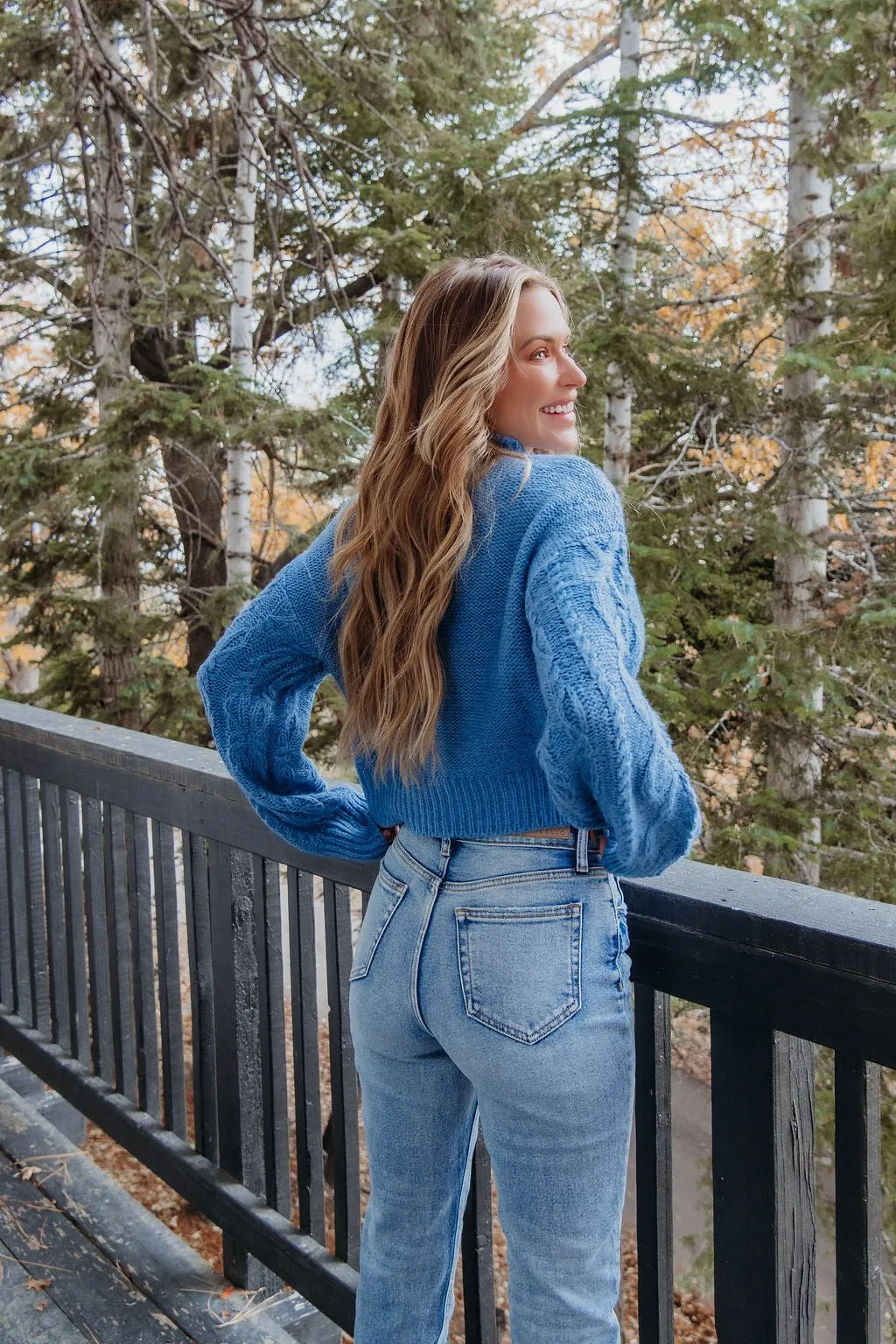 Blue Cable Knit Mock Neck Sweater - FINAL SALE