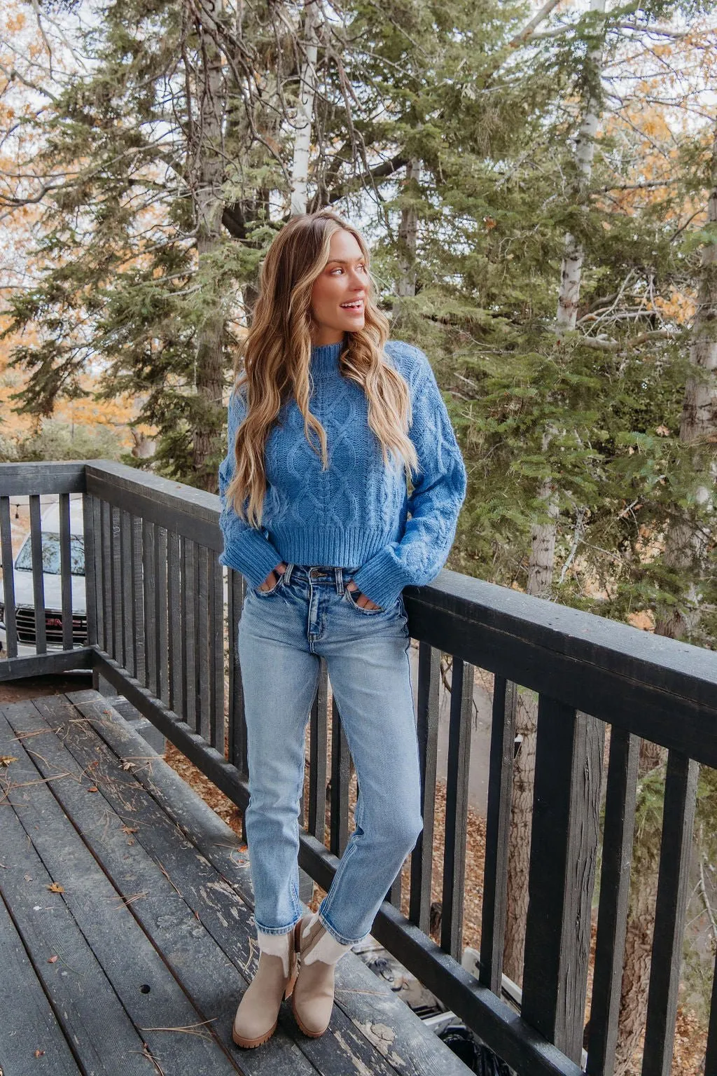Blue Cable Knit Mock Neck Sweater - FINAL SALE