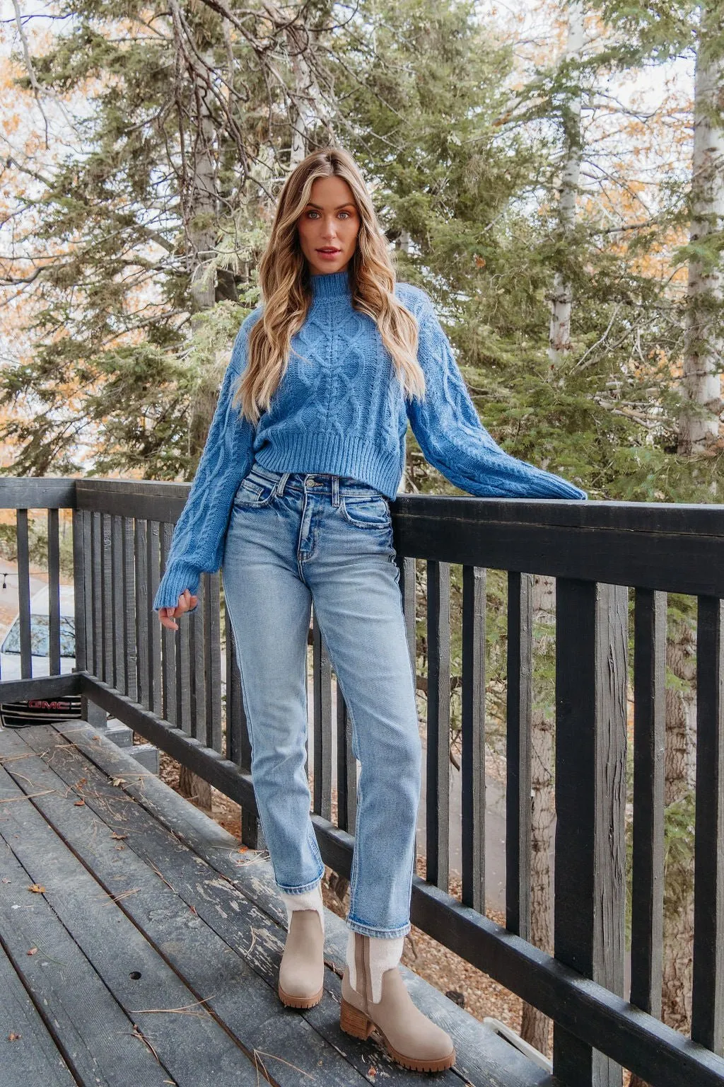 Blue Cable Knit Mock Neck Sweater - FINAL SALE