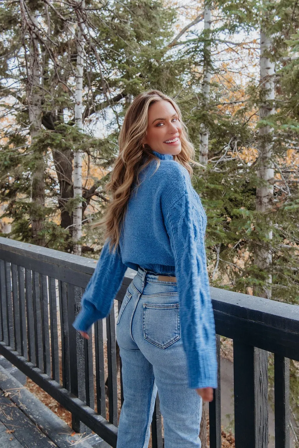 Blue Cable Knit Mock Neck Sweater - FINAL SALE