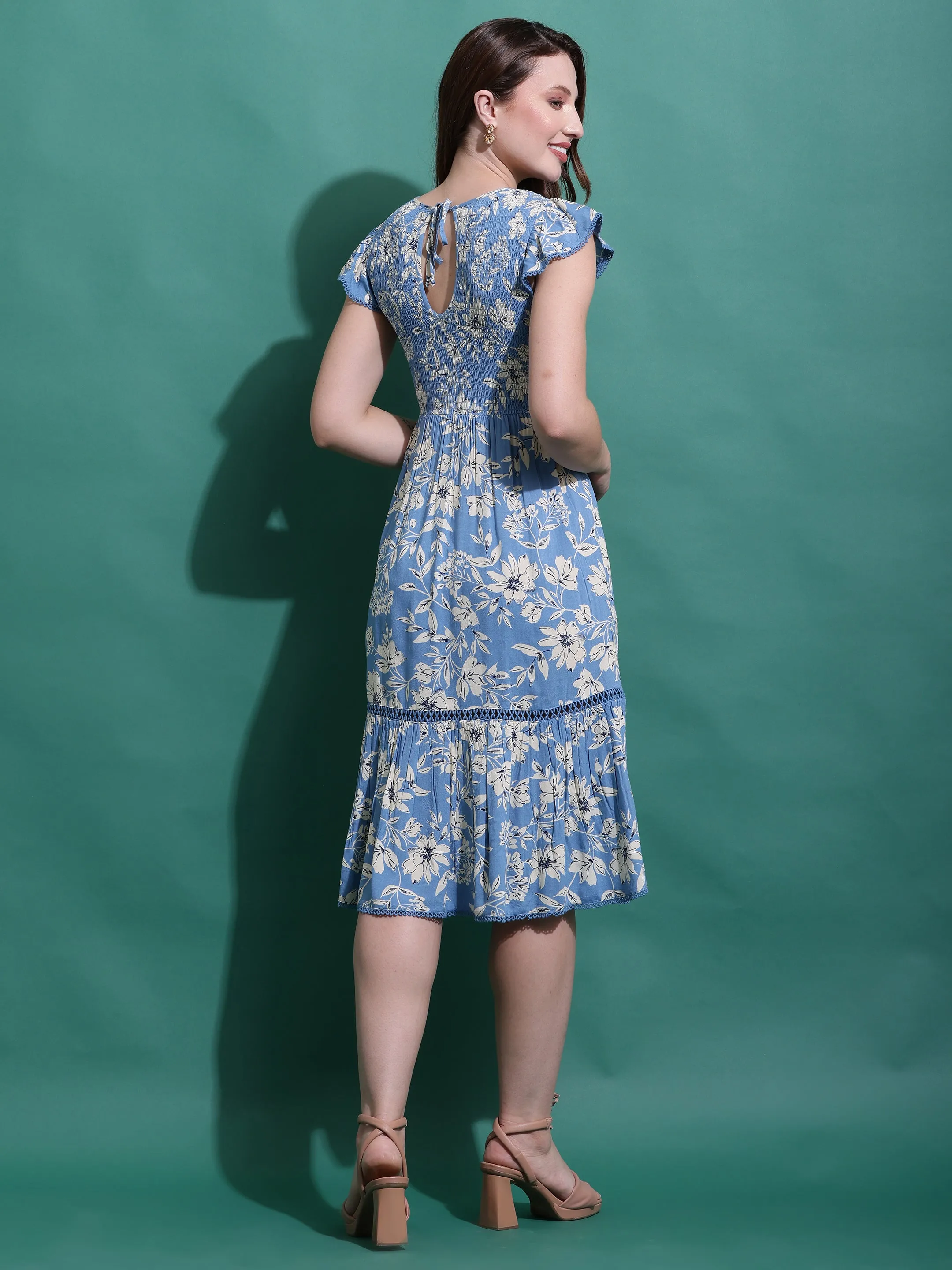 Blue Floral Midi Smocked Dress