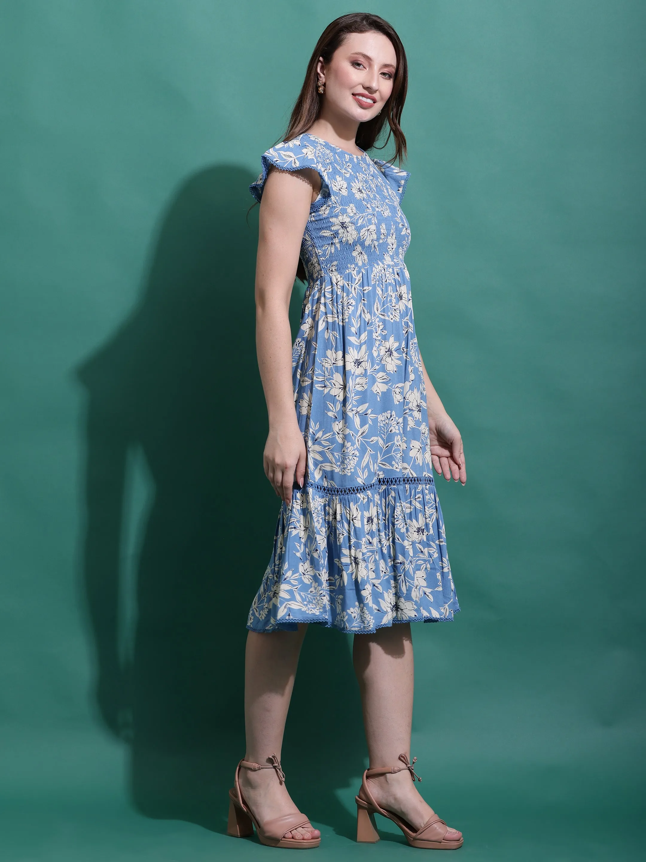 Blue Floral Midi Smocked Dress