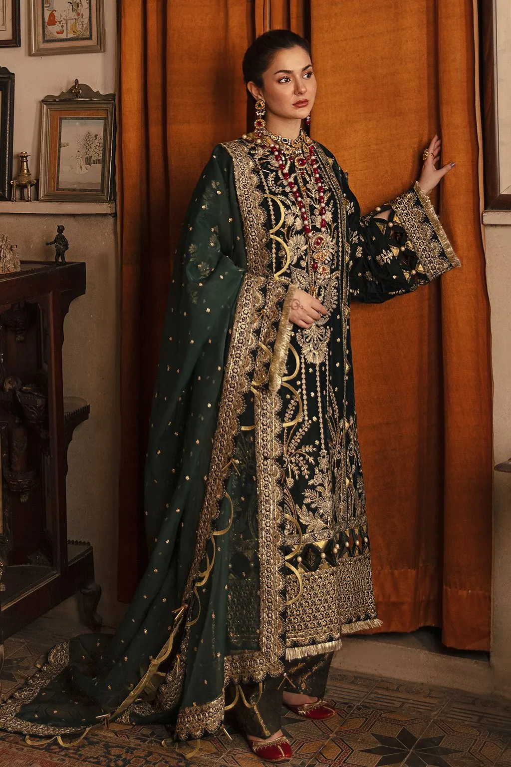Bottle Green Pakistani Dress with Golden Details #PF301