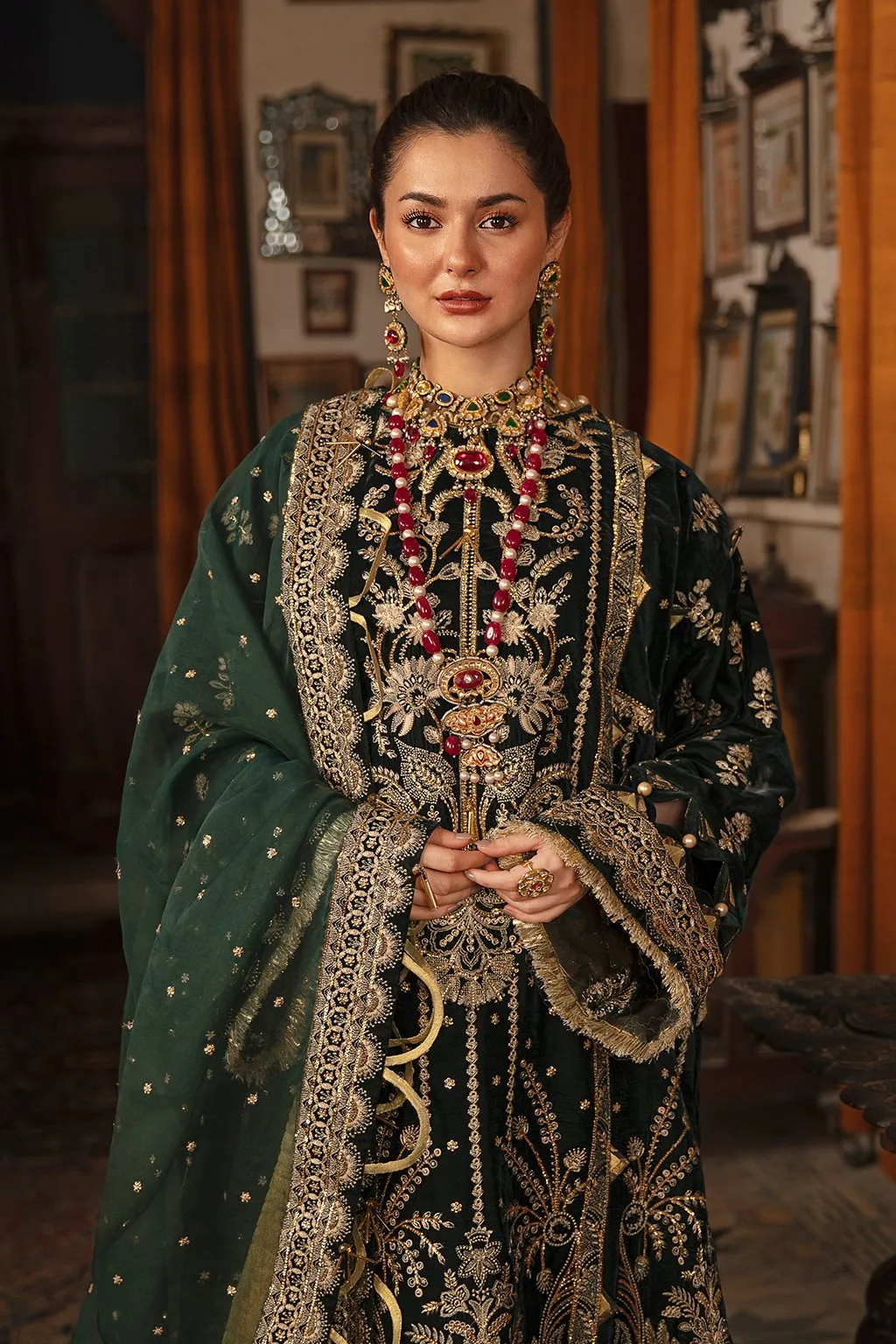 Bottle Green Pakistani Dress with Golden Details #PF301
