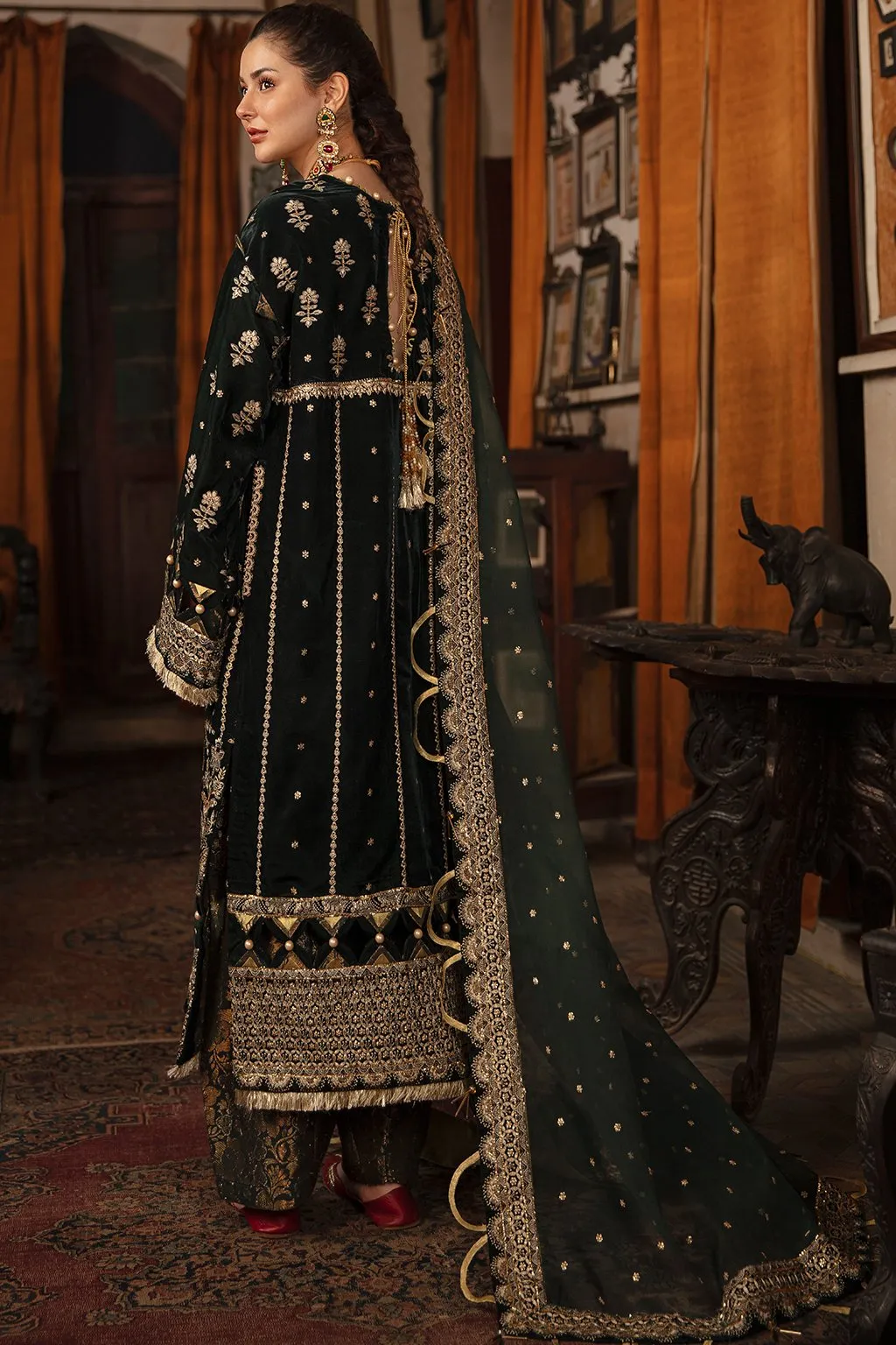 Bottle Green Pakistani Dress with Golden Details #PF301