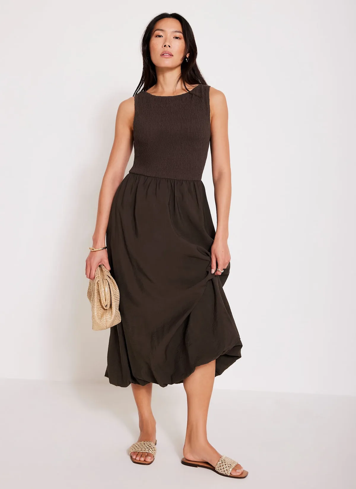 Brown Bubble Hem Midi Dress