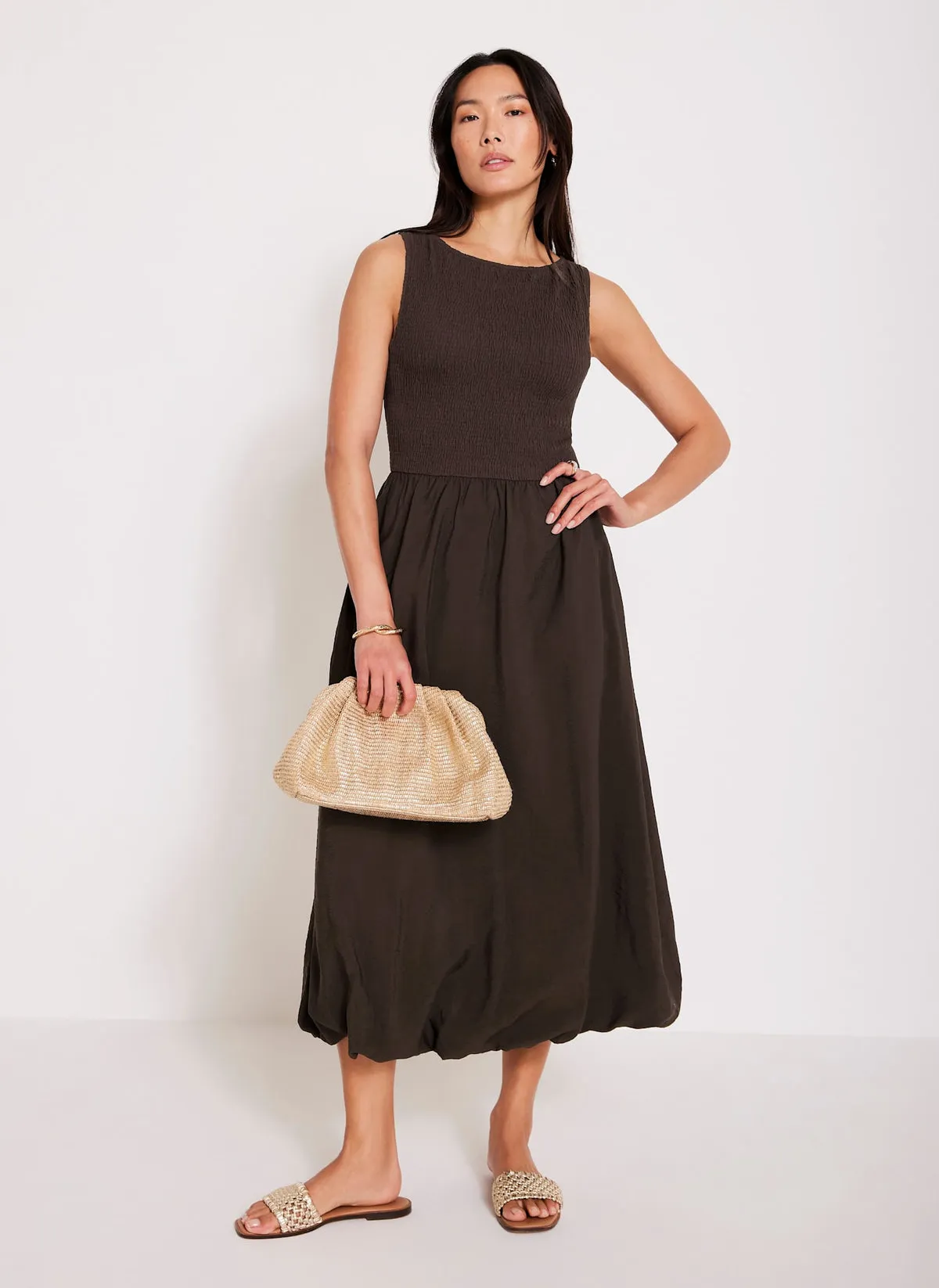 Brown Bubble Hem Midi Dress