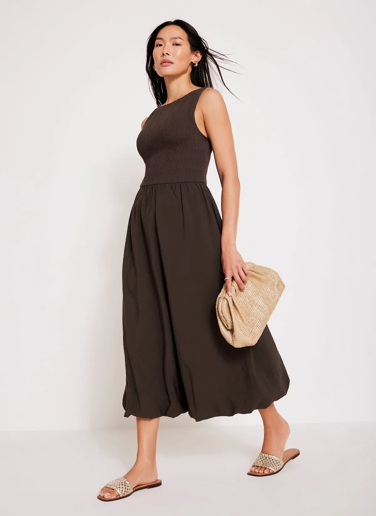 Brown Bubble Hem Midi Dress