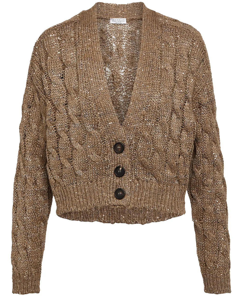 Brown Linen Paillette Cable Knit Cardigan
