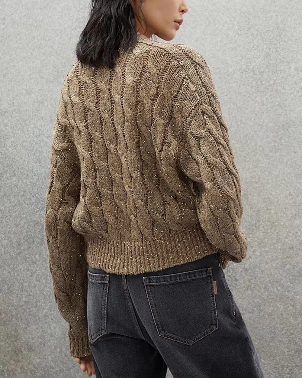 Brown Linen Paillette Cable Knit Cardigan