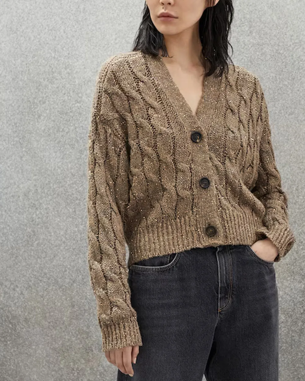 Brown Linen Paillette Cable Knit Cardigan