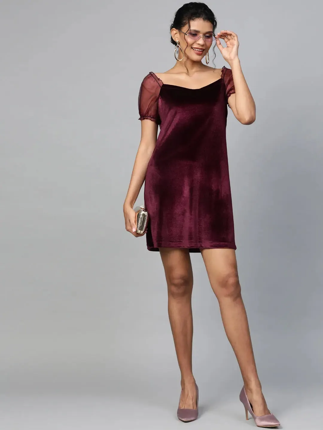 Burgundy Velvet Puff Sleeve Short Dress