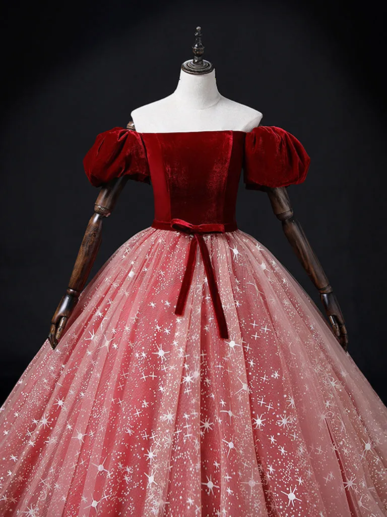Burgundy/Pink Tulle Velvet Long Prom Dress, Burgundy Formal Dress