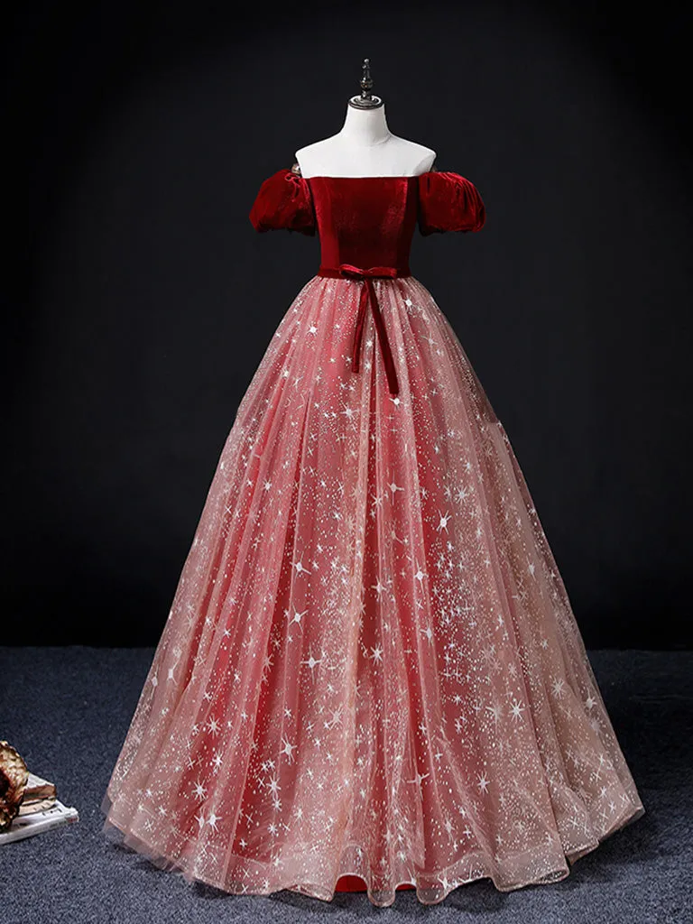 Burgundy/Pink Tulle Velvet Long Prom Dress, Burgundy Formal Dress