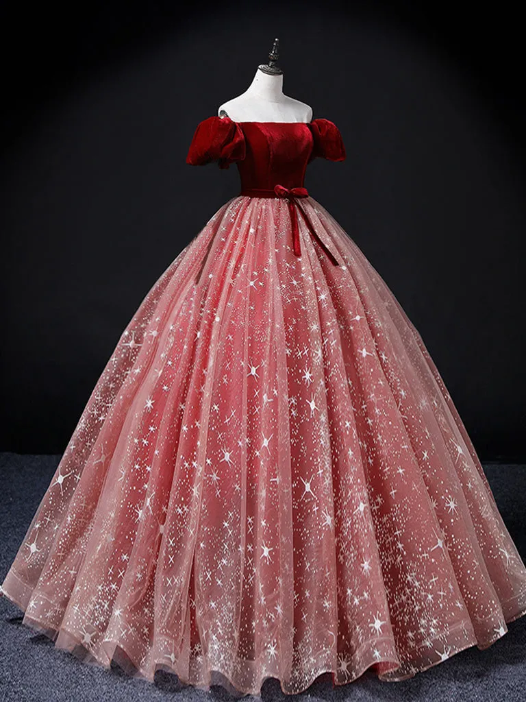Burgundy/Pink Tulle Velvet Long Prom Dress, Burgundy Formal Dress