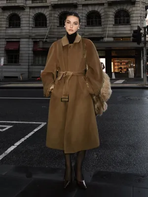 Button Belted Lapel Long Coat