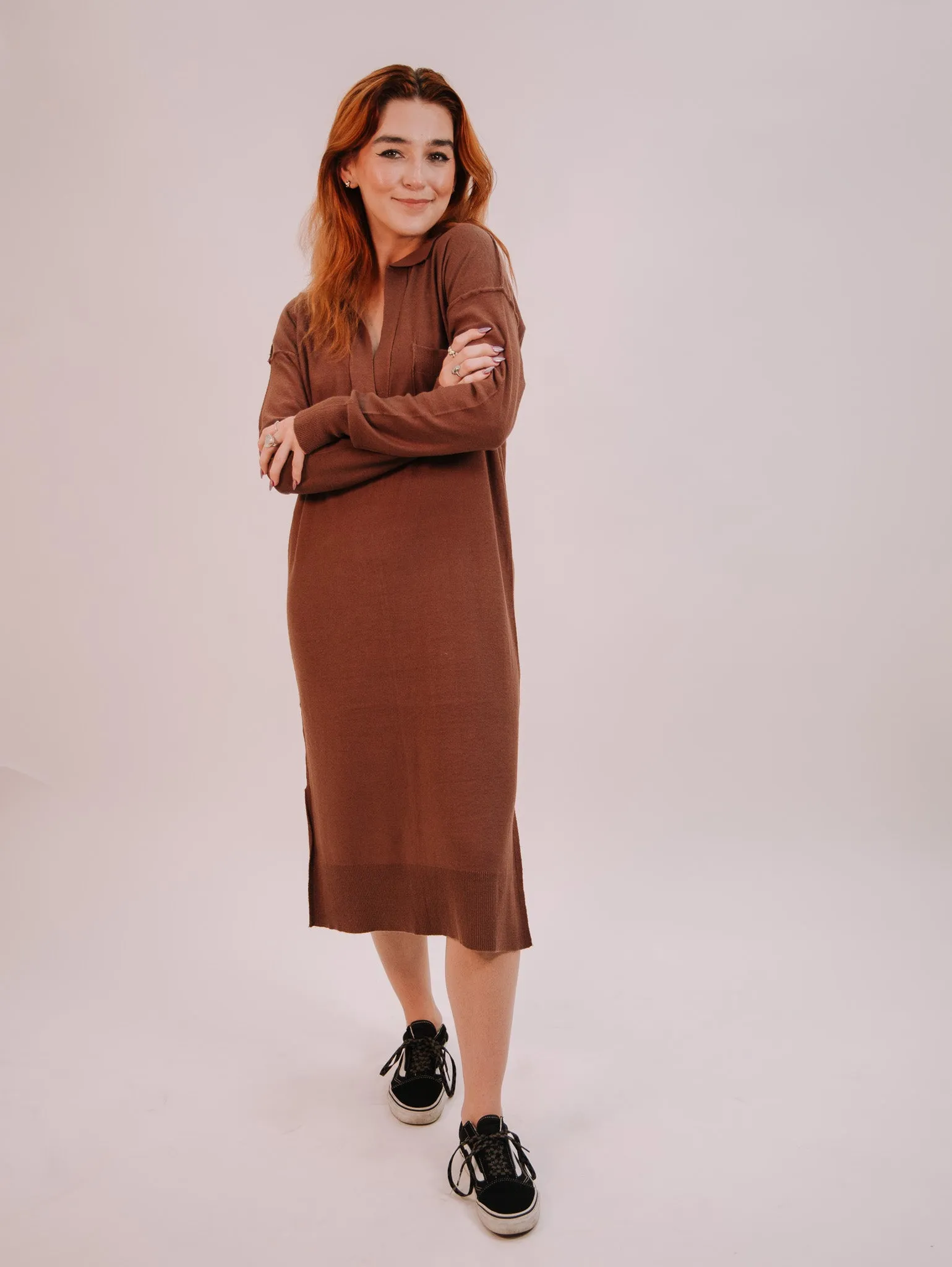 By Together Knit Sweater Long Sleeve Collar Neck Dress - Chocolate