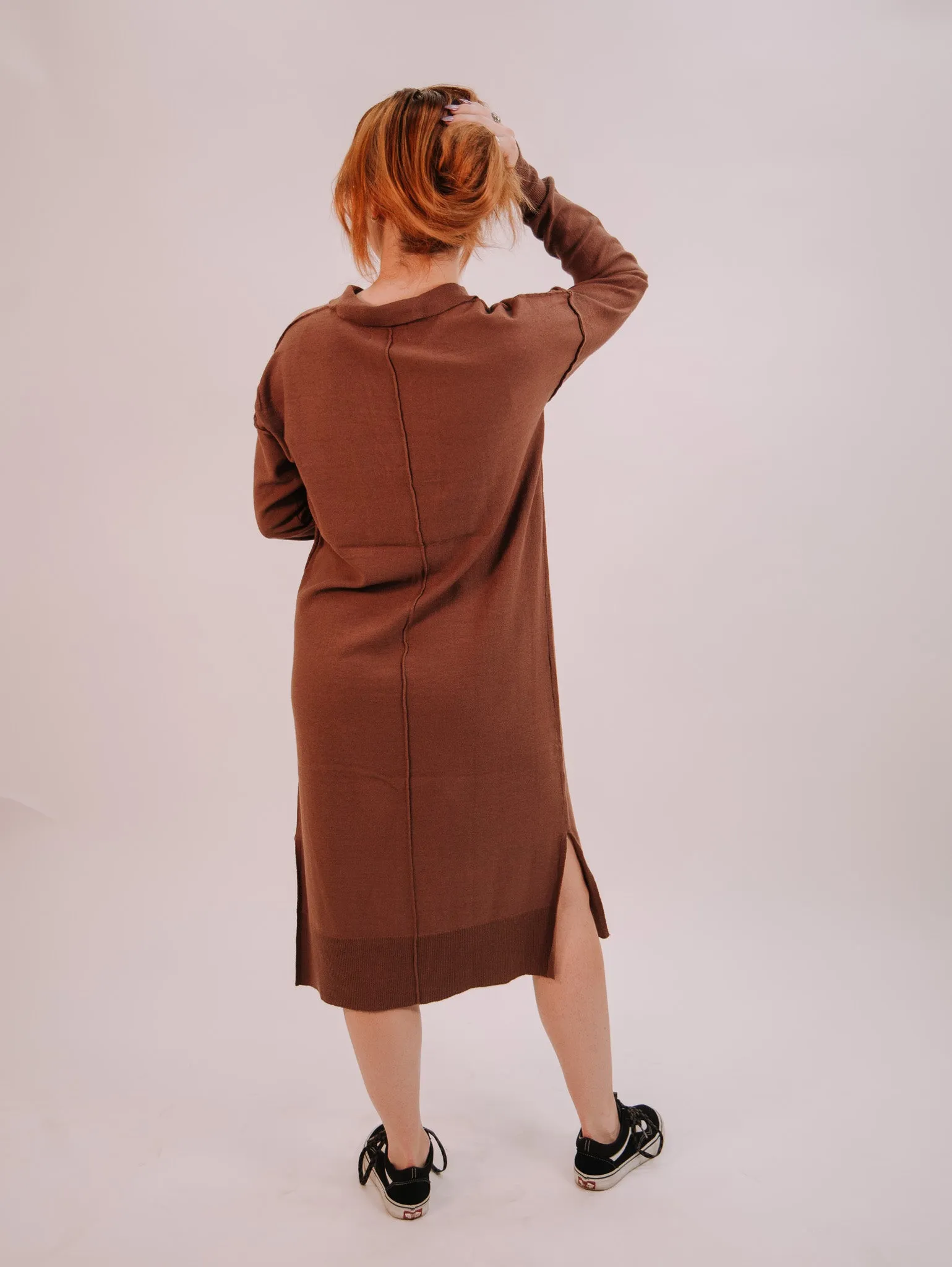 By Together Knit Sweater Long Sleeve Collar Neck Dress - Chocolate