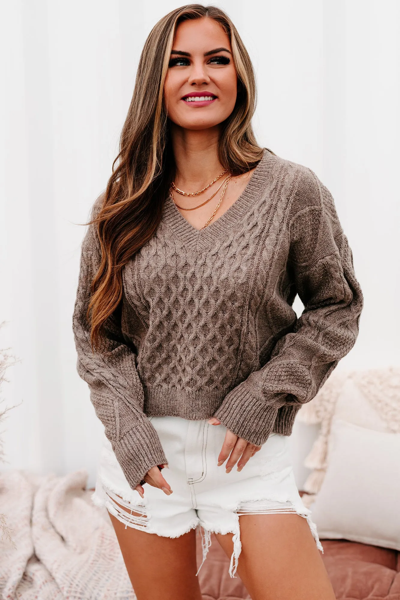 Cabin Cozy V-Neck Cable Knit Sweater (Mocha)