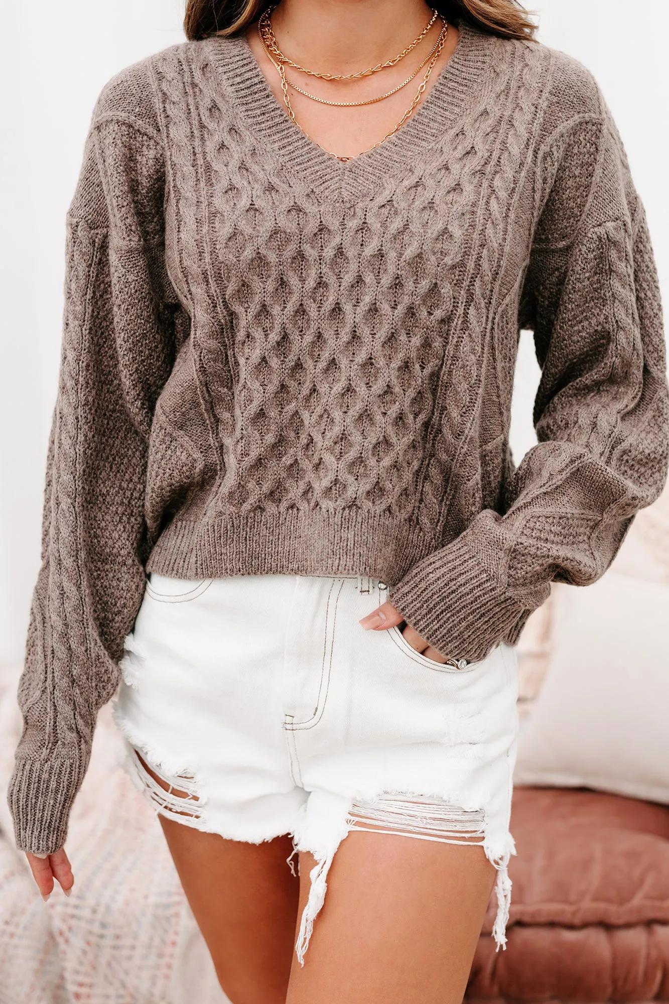 Cabin Cozy V-Neck Cable Knit Sweater (Mocha)