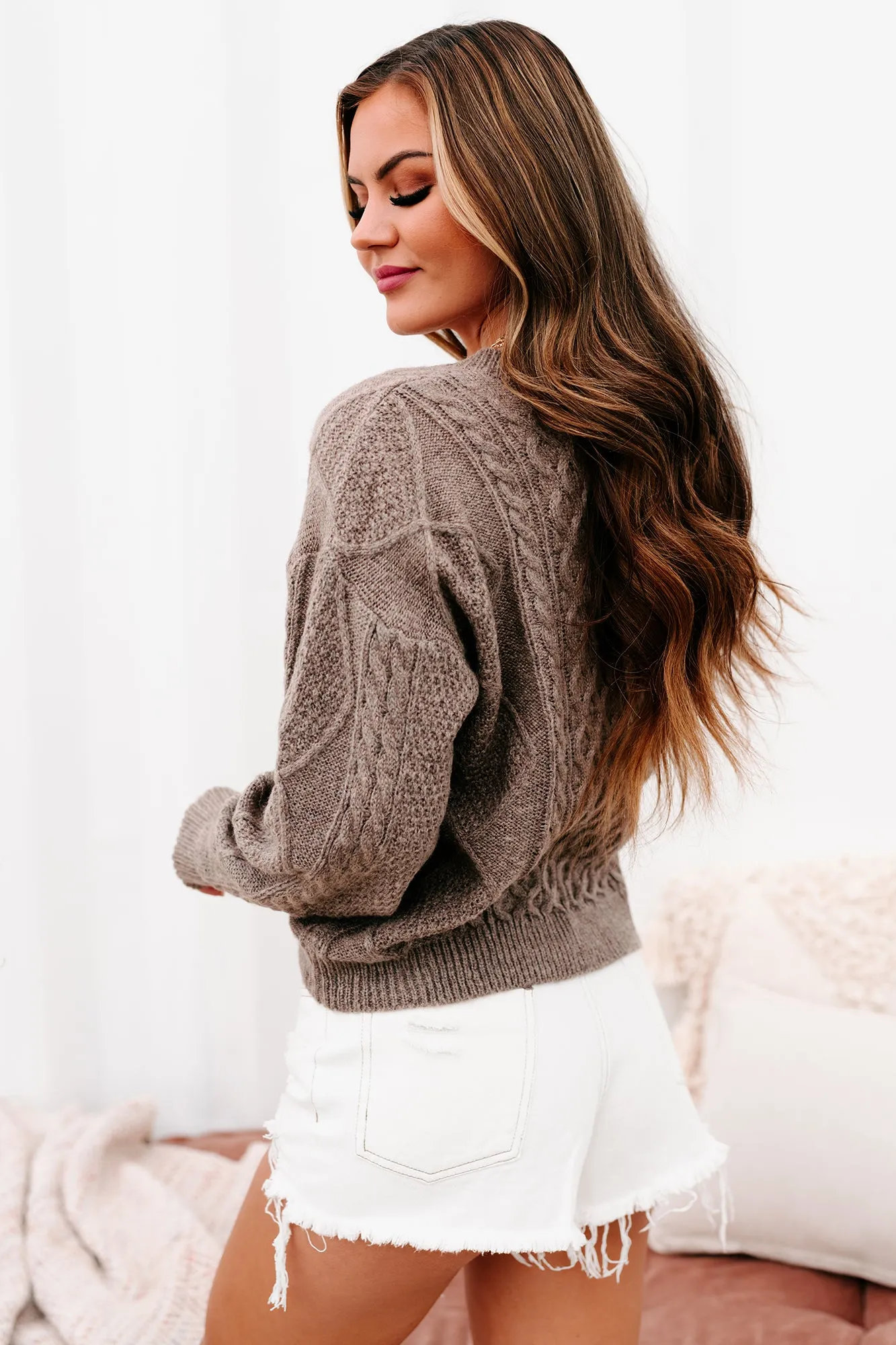 Cabin Cozy V-Neck Cable Knit Sweater (Mocha)