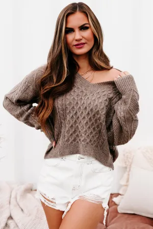 Cabin Cozy V-Neck Cable Knit Sweater (Mocha)