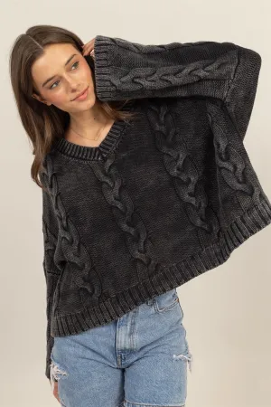 CABLE KNIT V-NECK DROPPED SHOULDER SWEATER