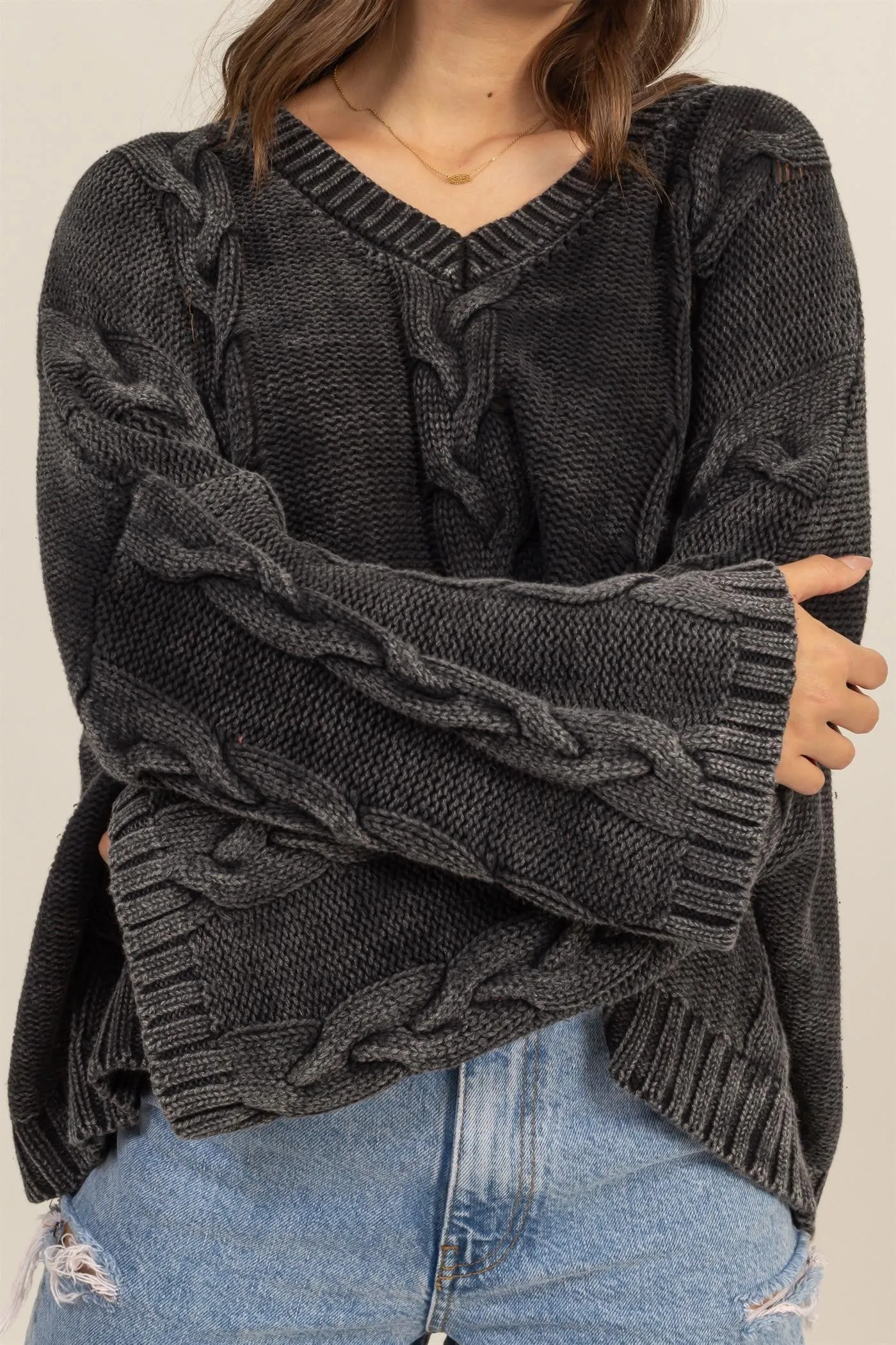 CABLE KNIT V-NECK DROPPED SHOULDER SWEATER