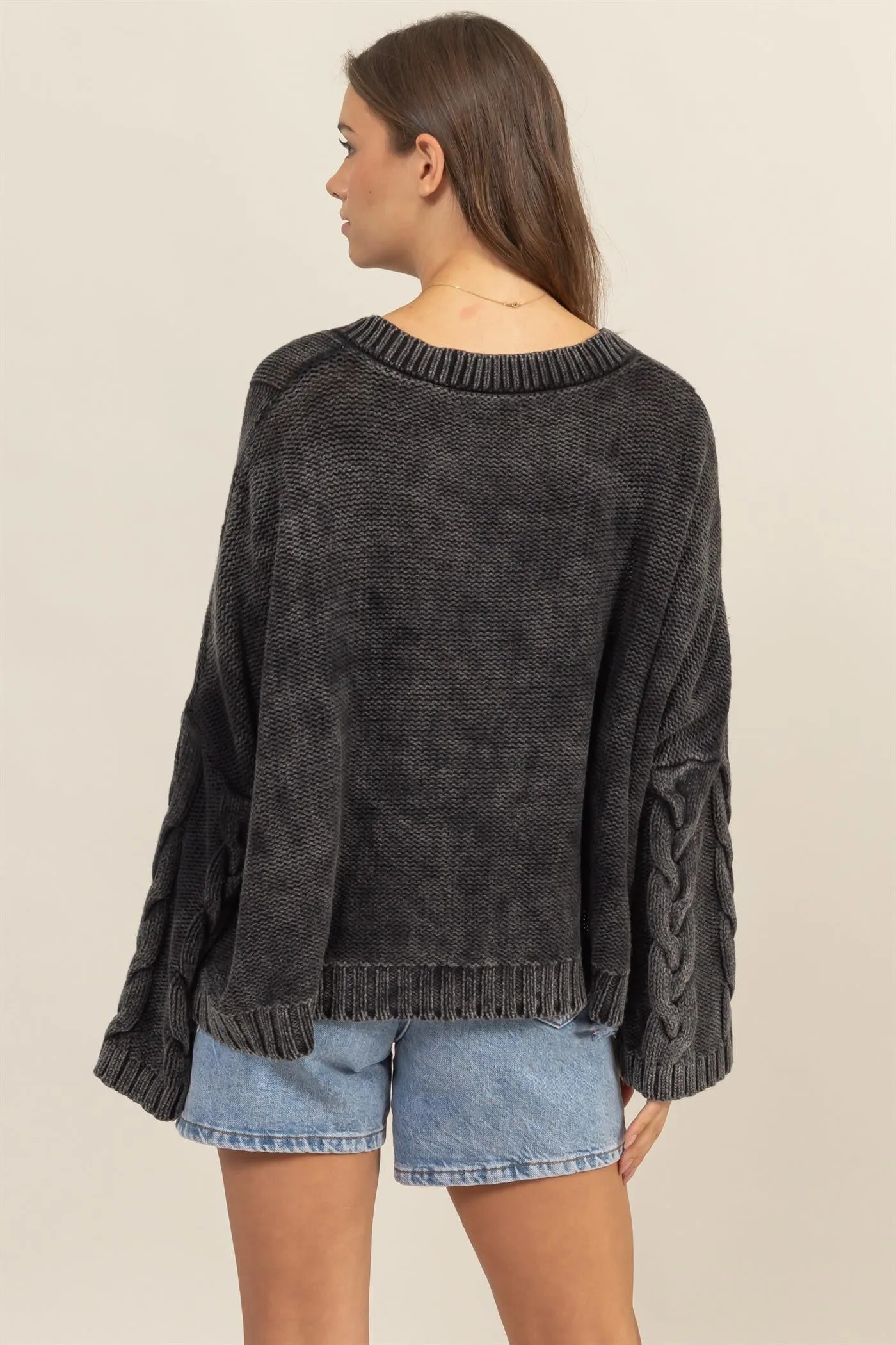 CABLE KNIT V-NECK DROPPED SHOULDER SWEATER