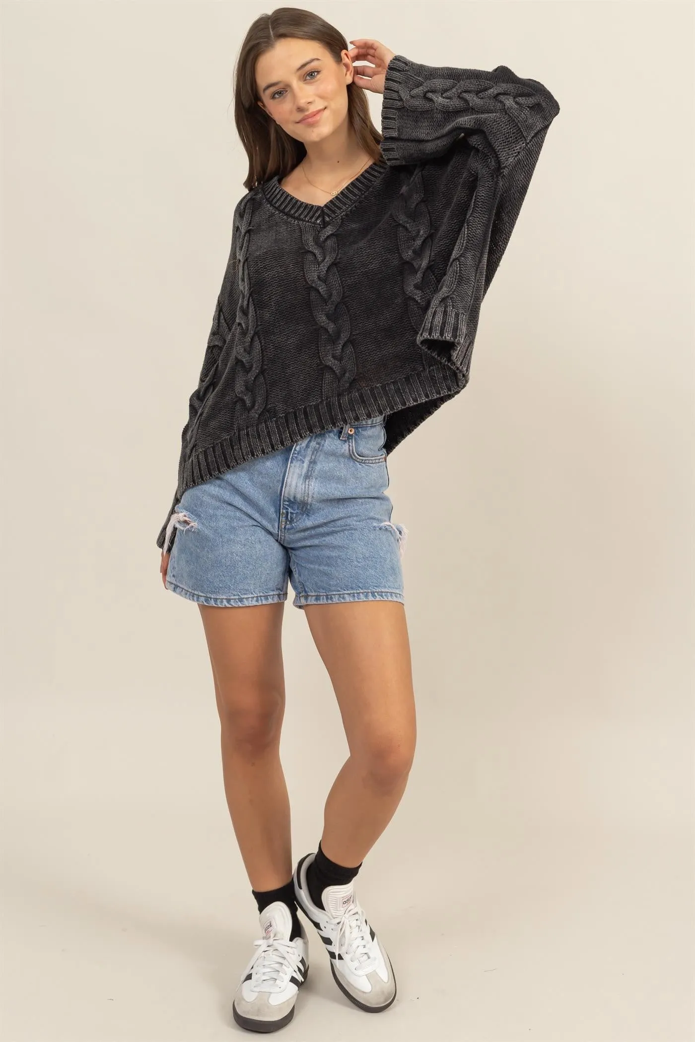 CABLE KNIT V-NECK DROPPED SHOULDER SWEATER