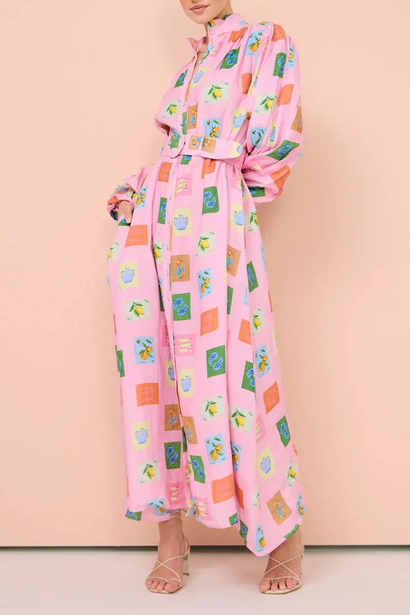 Casual Cartoon Print Pocket With Belt Half A Turtleneck Shirt Dresses