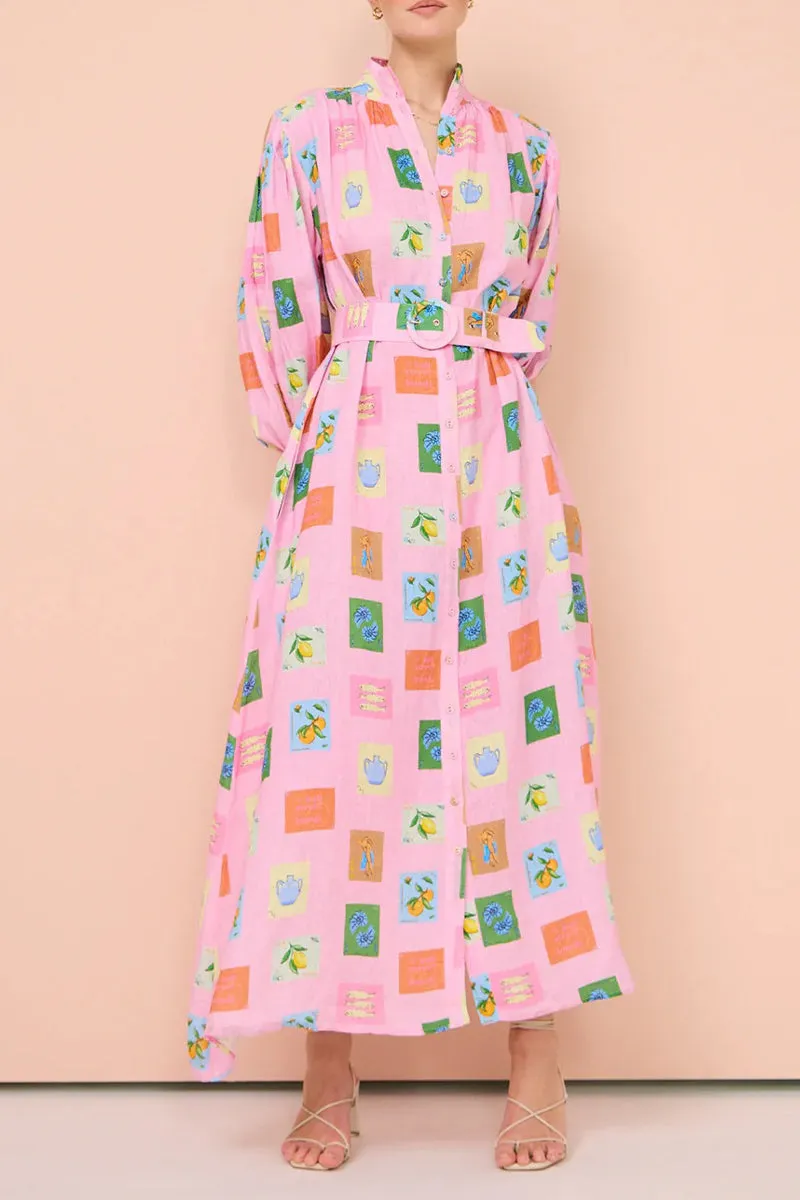 Casual Cartoon Print Pocket With Belt Half A Turtleneck Shirt Dresses