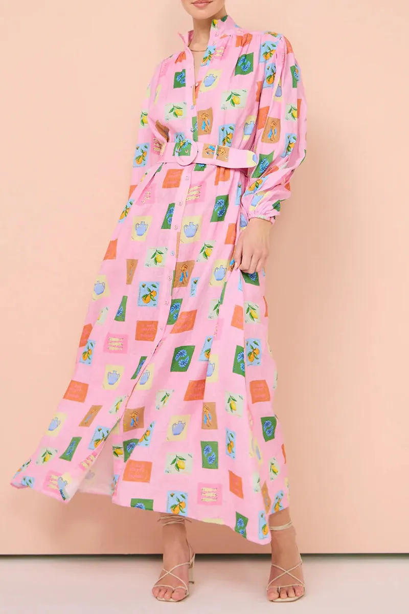Casual Cartoon Print Pocket With Belt Half A Turtleneck Shirt Dresses